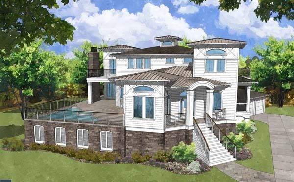 White house with pool, brown roof, and lush trees against a blue sky.