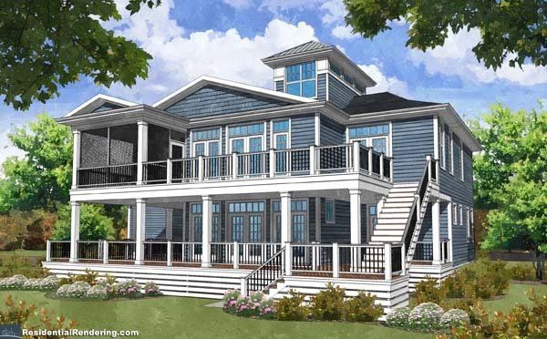 Blue beach house with multiple balconies and stairs, under a bright sky.