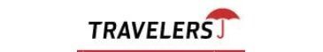 Travelers logo with text and red umbrella.