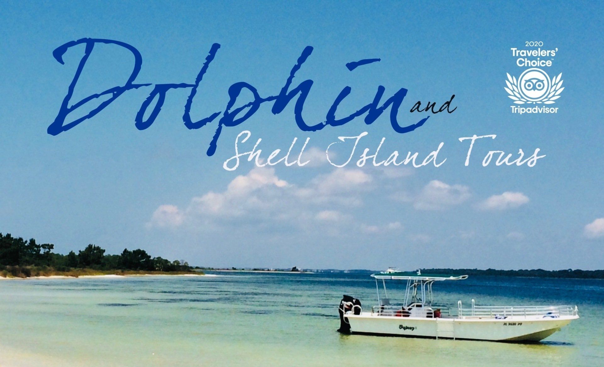 Osprey Dolphin and Shell Island Tours boat floating in the bay with 2020 Travelers' Choice by Tripadvisor