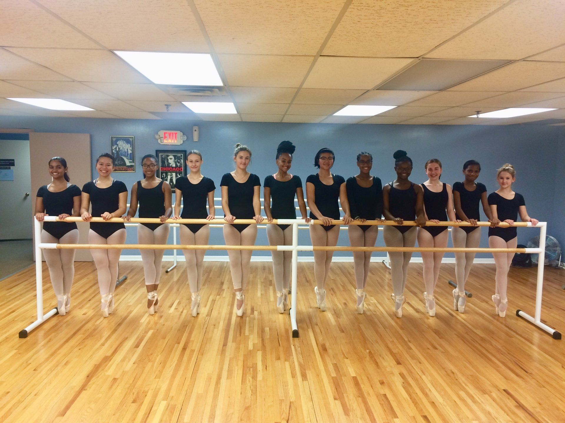Ballet class line of dancers at the barre in a studio with wooden floor and mirrors