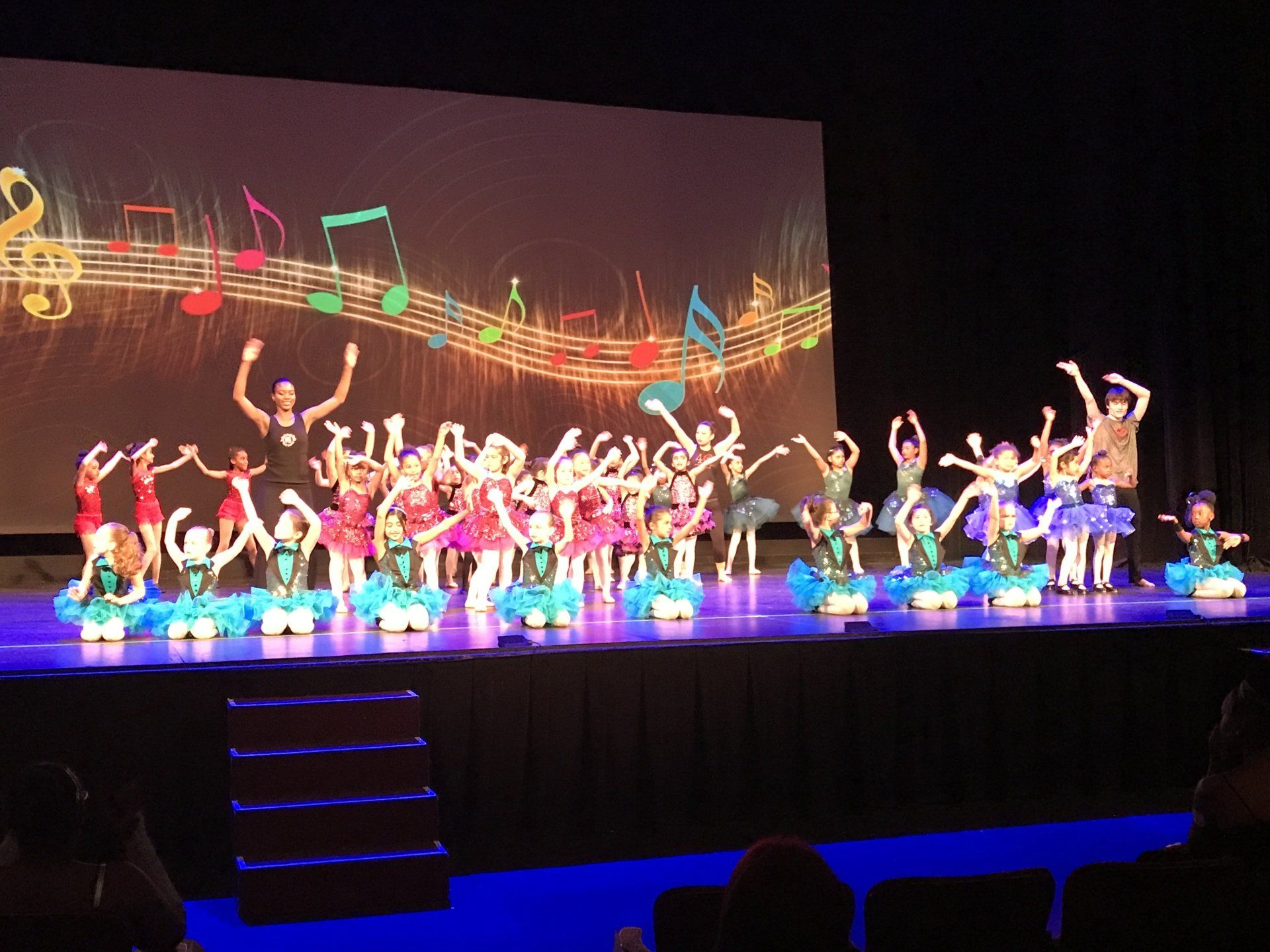 Large group of dancers performing onstage beneath colorful musical notes and a black backdrop