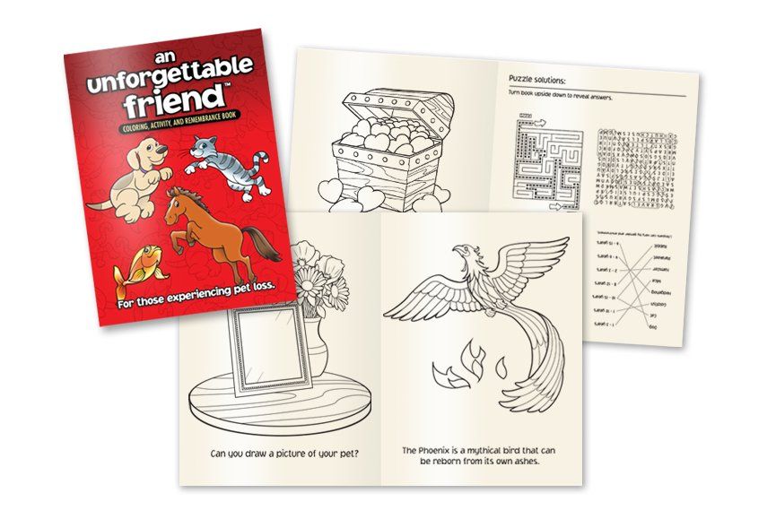 A sample of a coloring book for grieving children who have lost a pet.