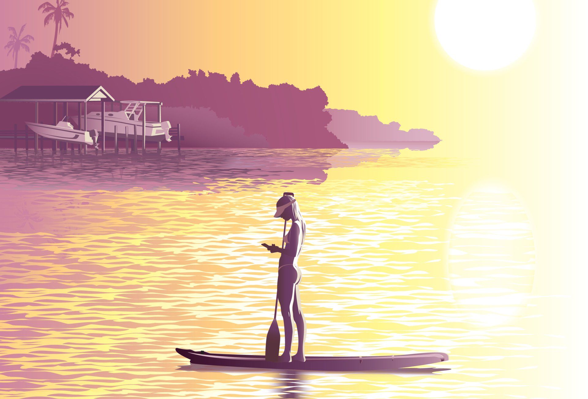 A sample of an illustration of a girl on a paddleboard looking at her phone at sunset.