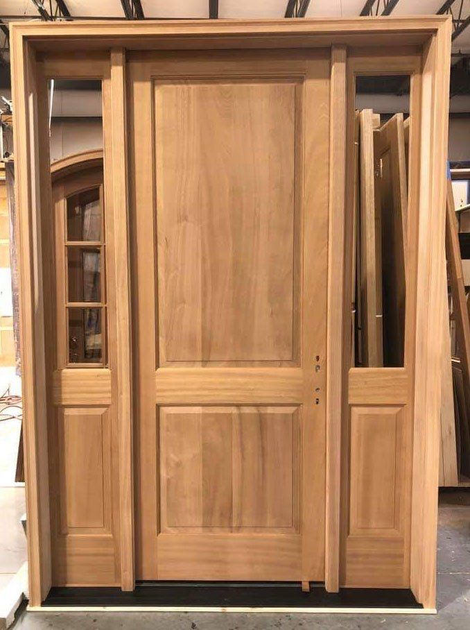 Solid Sapele Mahogany 2 panel door with half lite sidelites