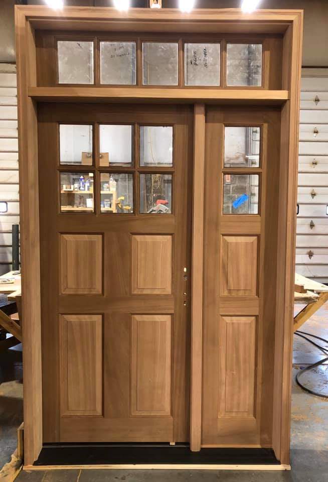 Mahogany front door with right hand sidelight and transom