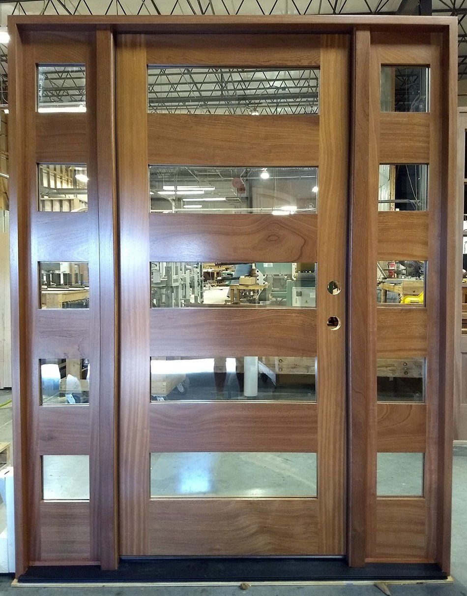 Modern mahogany door with 5 horizontal glass panels