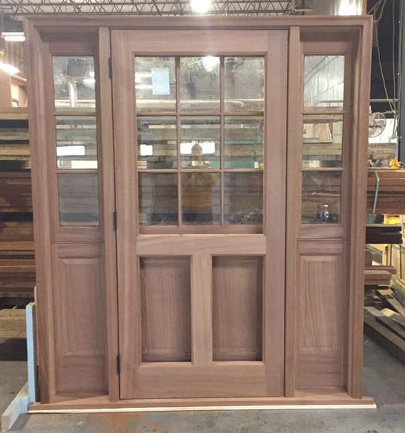 Mahogany entry door with sidelights and matching storm door