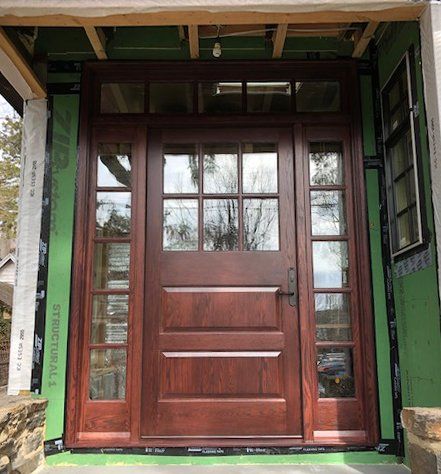 Red Oak solid wood panel door with 6 glass panels and matching side windows