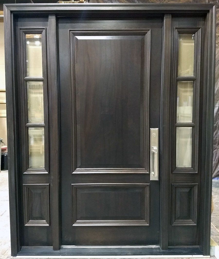 Mahogany with dark chocolate factory finish and beveled glass