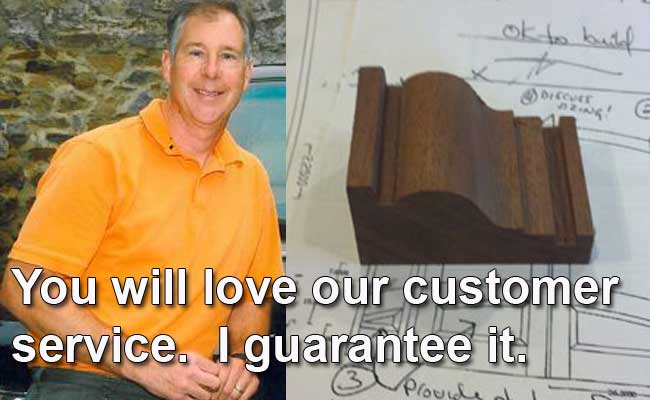 A man in an orange shirt is next to a picture of a piece of wood and the words you will love our customer service i guarantee it