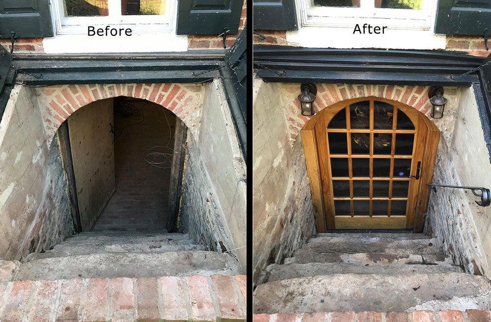 A before and after picture of a basement door.
