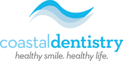 Coastal Dentistry logo with blue wave graphic and tagline “healthy smile. healthy life.”