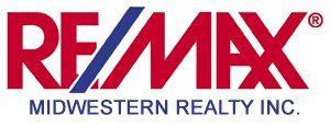 A red and blue logo for remax midwestern realty inc.