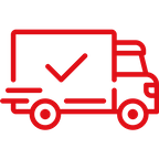 Camion de livraison rouge avec une coche sur le côté.