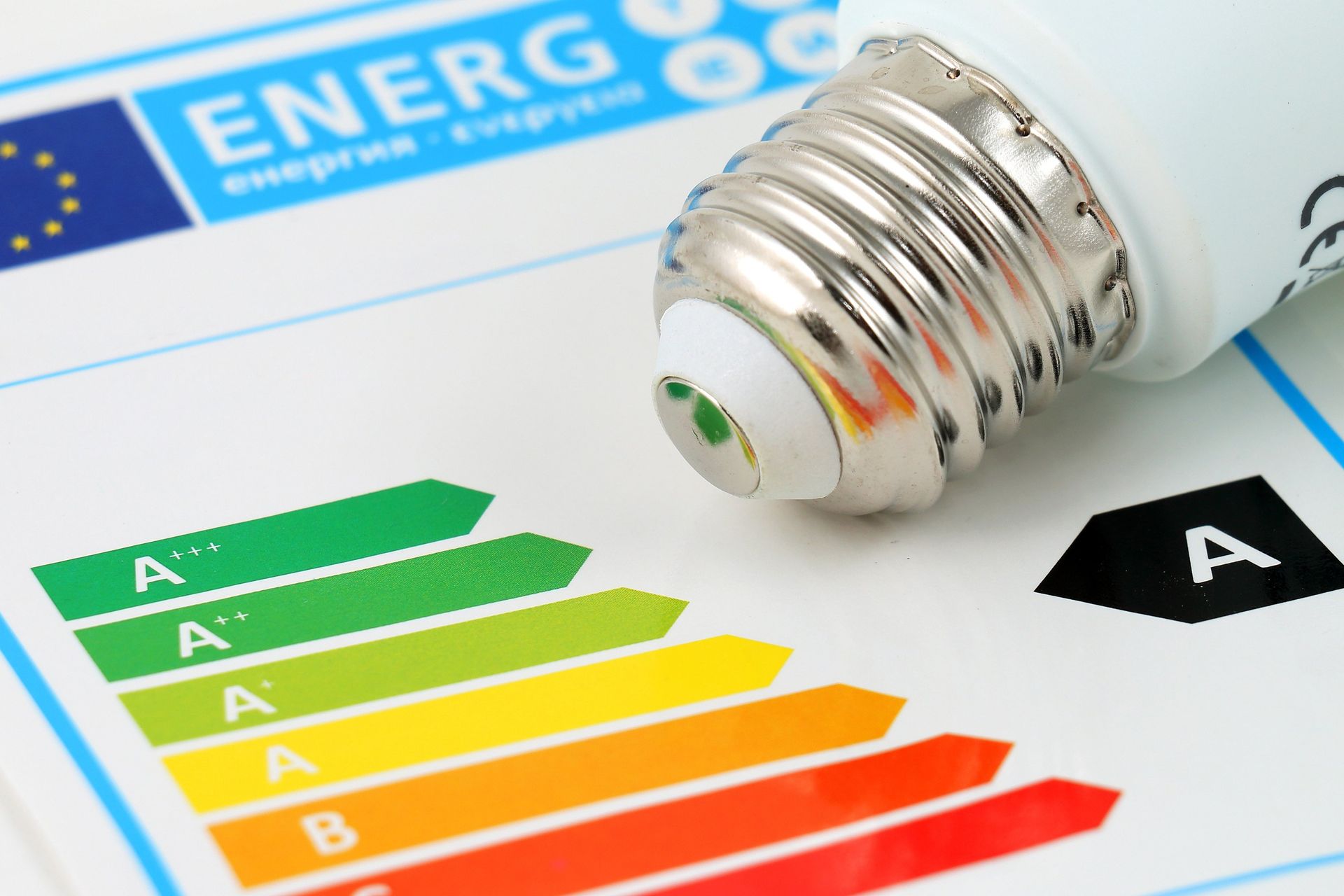 Energiesparende Glühbirne mit Energieeffizienzlabel, das Bewertungen von A (grün) bis G (rot) anzeigt.