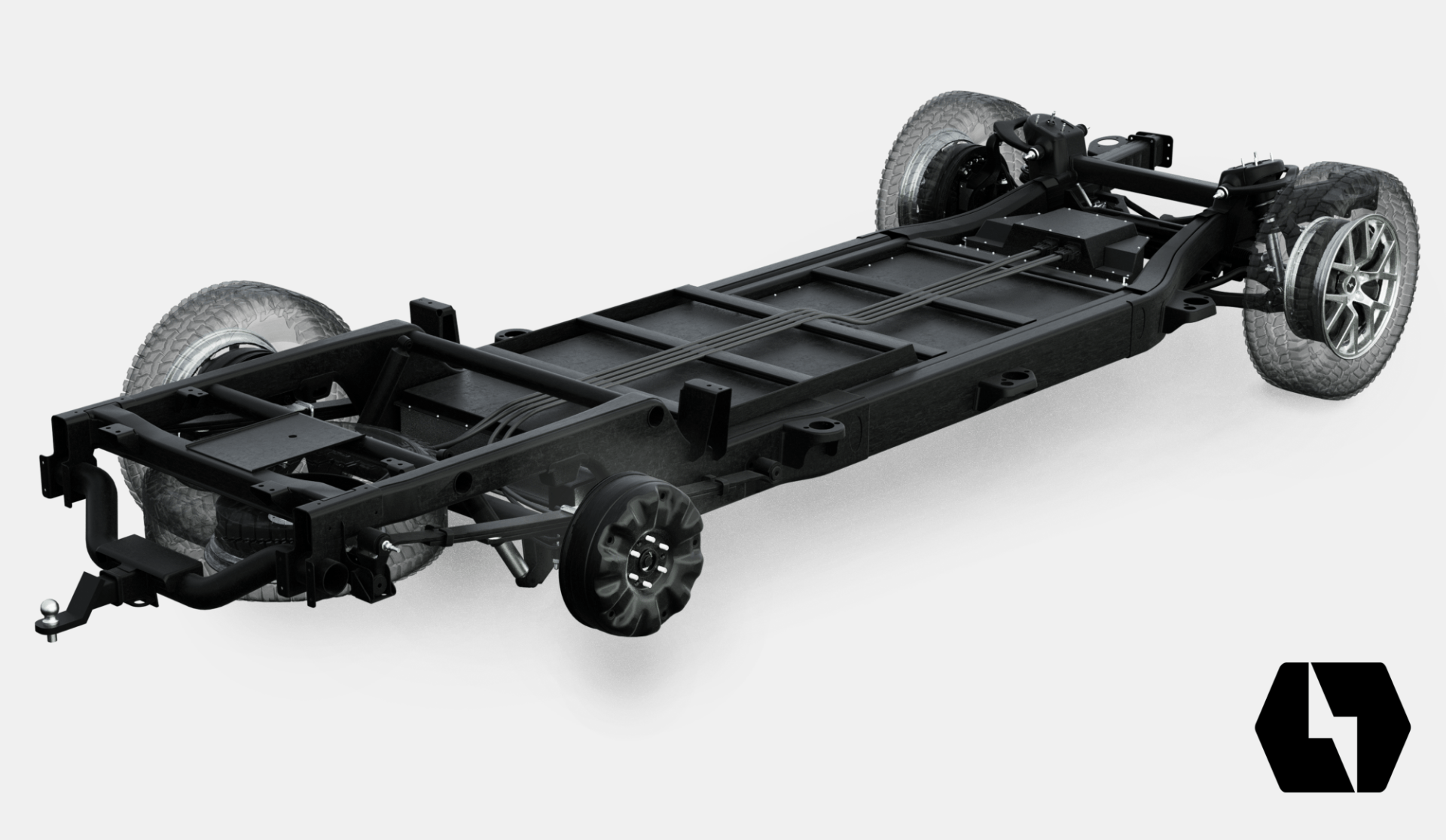 A black and white image of a vehicle chassis with wheels.