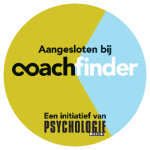 Een gele en blauwe cirkel met de woorden coachfinder erop