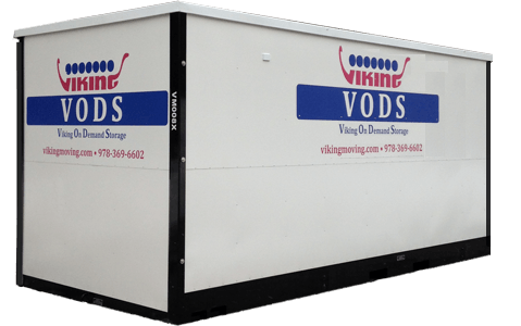 White VODS storage container with blue and red branding on a black base