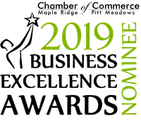 A logo for the chamber of commerce maple ridge business excellence awards.