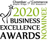 A logo for the chamber of commerce maple ridge business excellence awards.