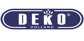 Das Logo von Deko Holland ist blau und weiß und hat eine Krone darauf.