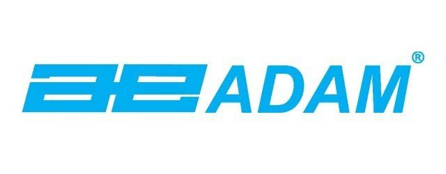 Ein blau-weißes Logo für Adam auf weißem Hintergrund