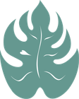 Een gestileerd logo in turquoise met een bladmotief, uitgesneden nerven en afgeronde randen.