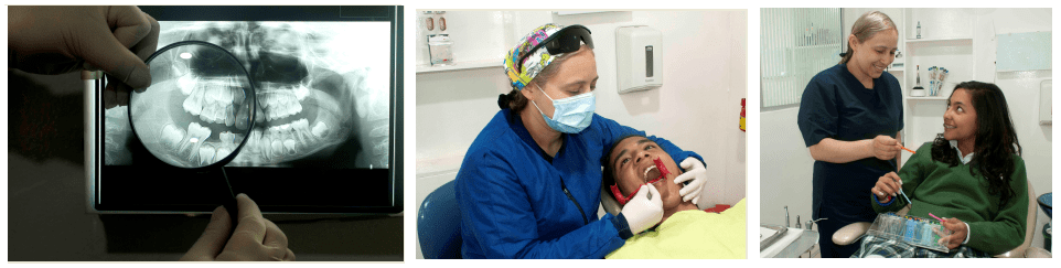 Three-panel medical collage: ultrasound scan, doctor holding a baby, and clinician talking with a patient.