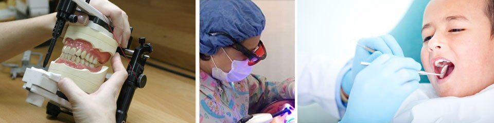 Dental professional examining a child’s teeth, with close-up views of dental tools and mouth cleaning.