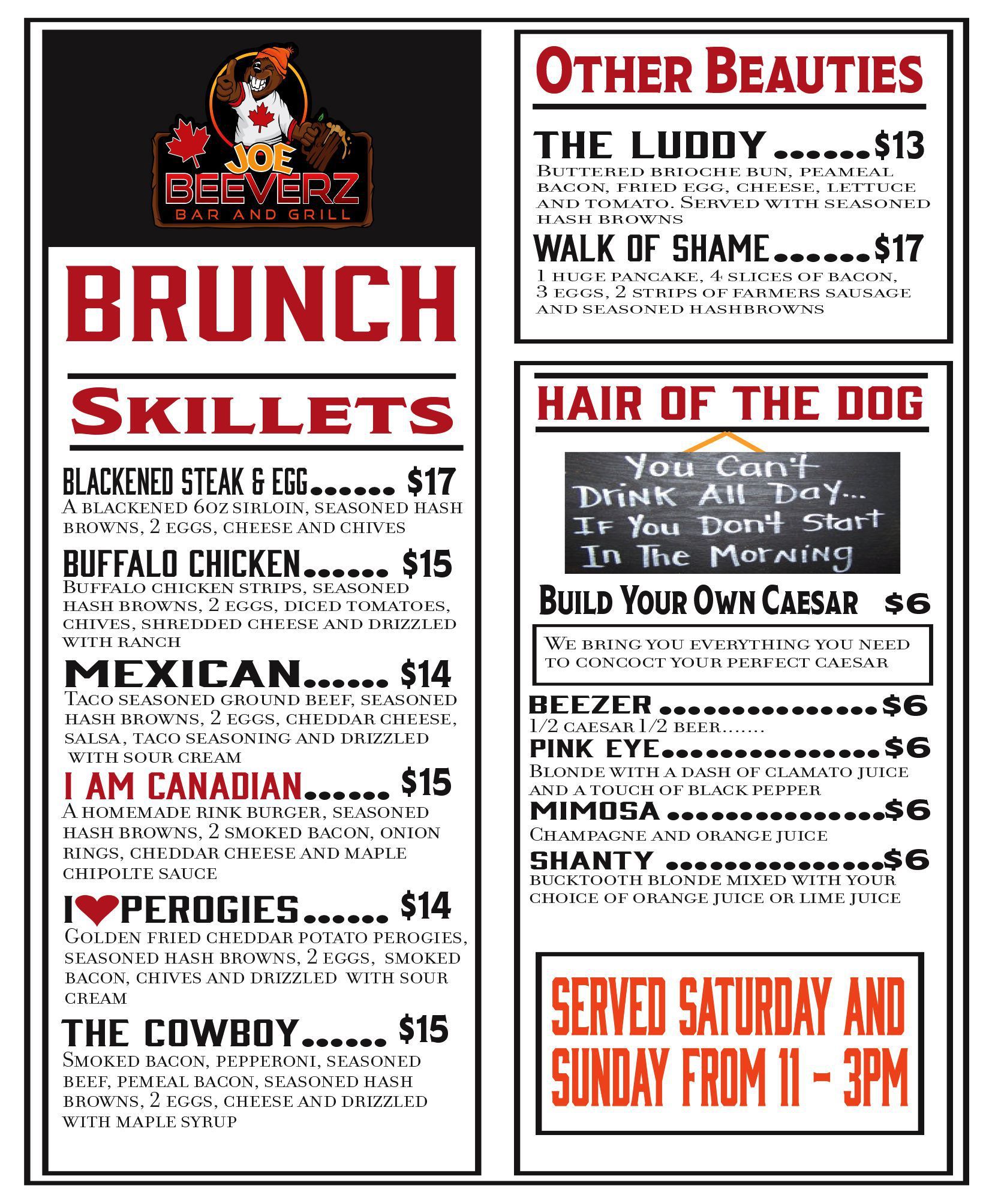 Retro restaurant menu with brunch, skillet, tacos, and other beauty specials in black, red, and white