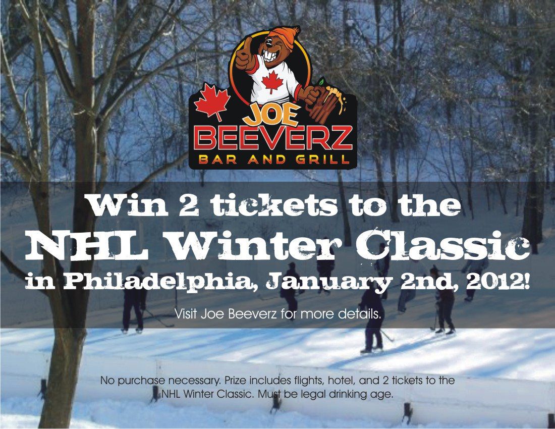 Joe Beevers Bar and Grill ad over snowy park background, promoting NHL Winter Classic in Philadelphia, Jan. 2, 2012