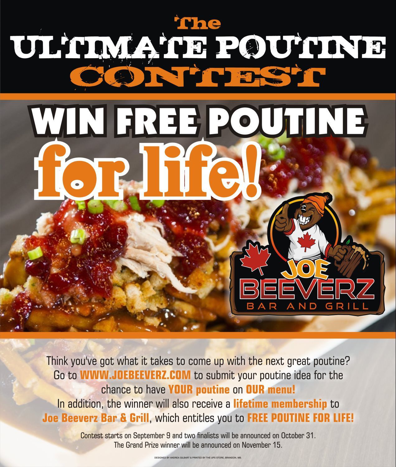 Ultimate poutine contest ad: win free poutine for life at Joe Beeverz Bar & Grill, with poutine photo and maple leaf logo