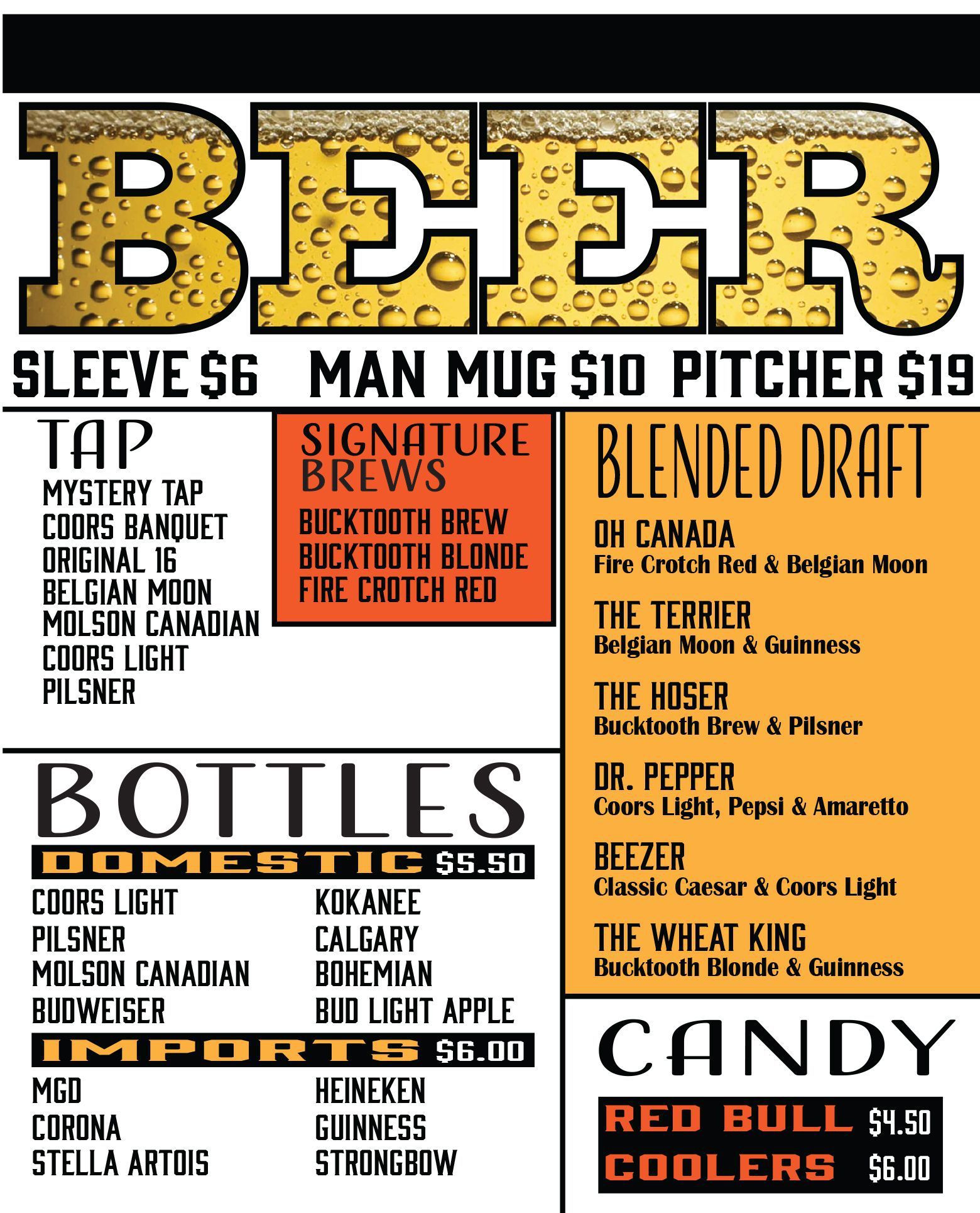 Beer menu poster with draft, bottles, cans, and prices in bold black, white, and orange sections
