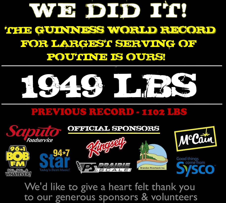Poster announcing Guinness World Record: largest serving of poutine, 1,949 lbs, with sponsor logos on black background