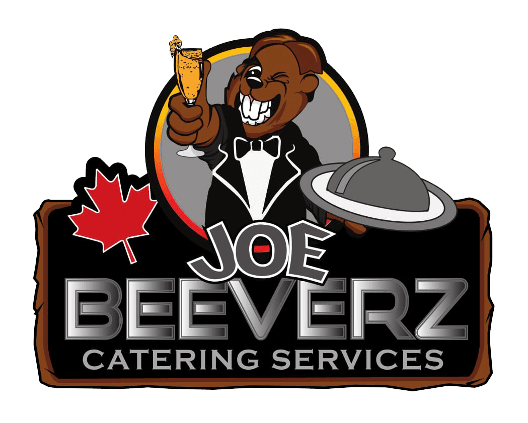 Joe Beverz Catering Services logo with cartoon chef, serving tray, and red maple leaf on black background