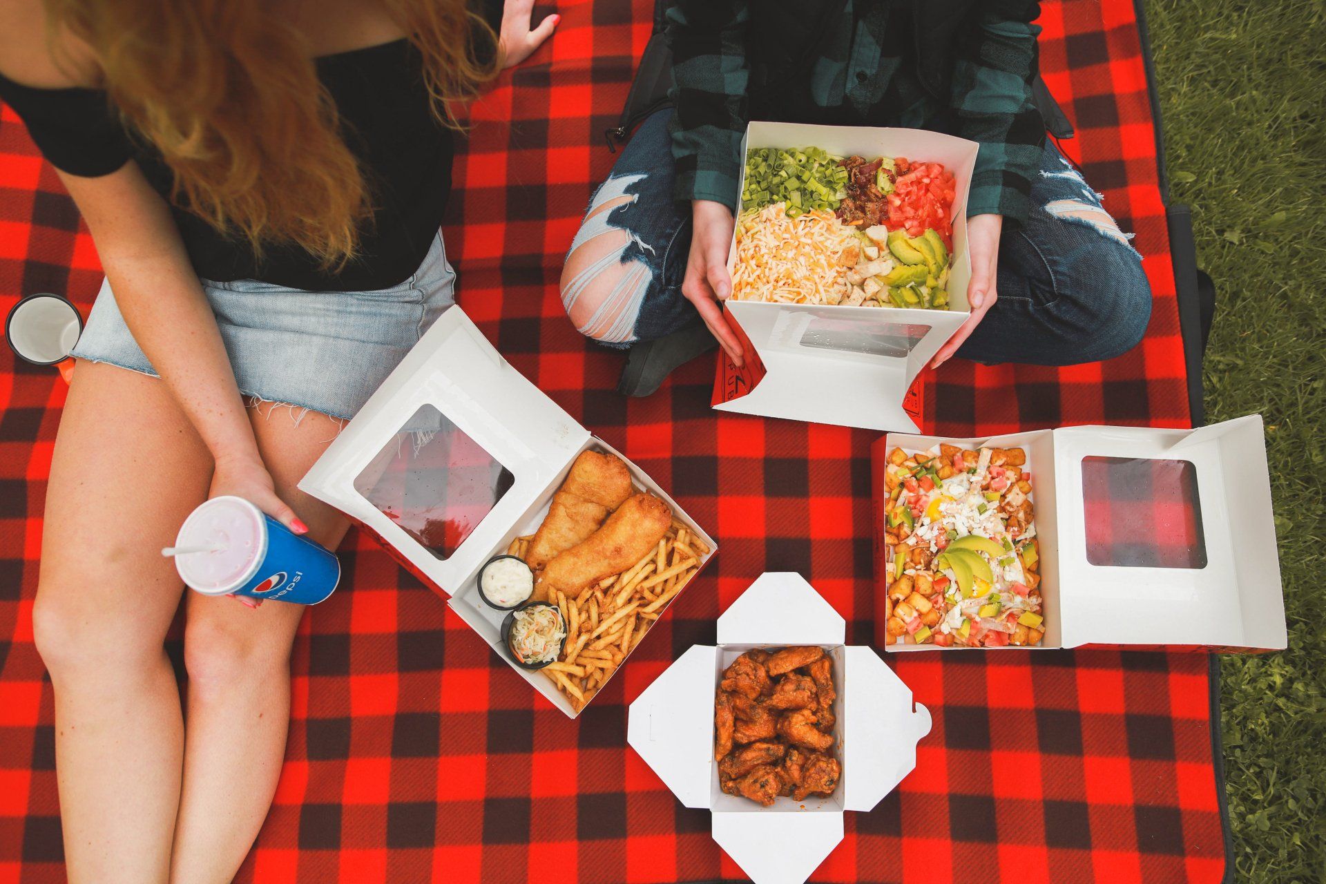 Two people picnicking on a red-and-black checkered blanket with takeout food containers and drinks