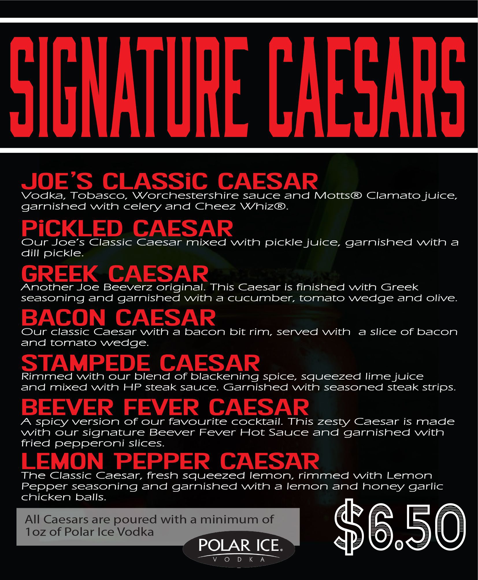 Restaurant menu for signature Caesars with several varieties listed and a $6.50 price