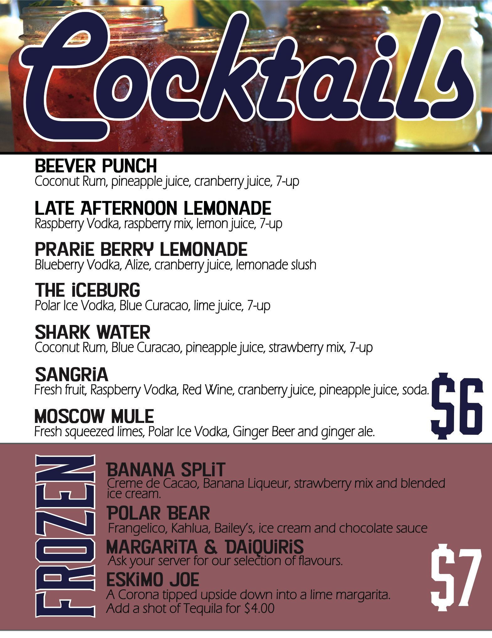 Bar and grill cocktail menu with colorful drink list and large “Cocktails” header