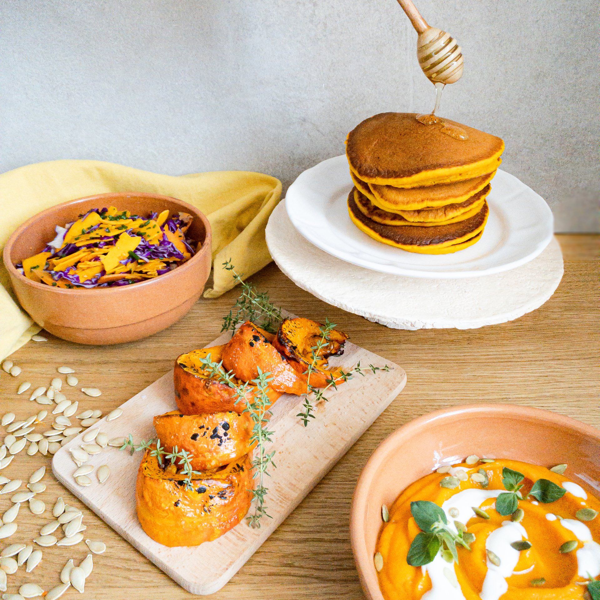 pancakes zucca insalata zucca e cavolo rosso hokkaido arrosto vellutata di zucca