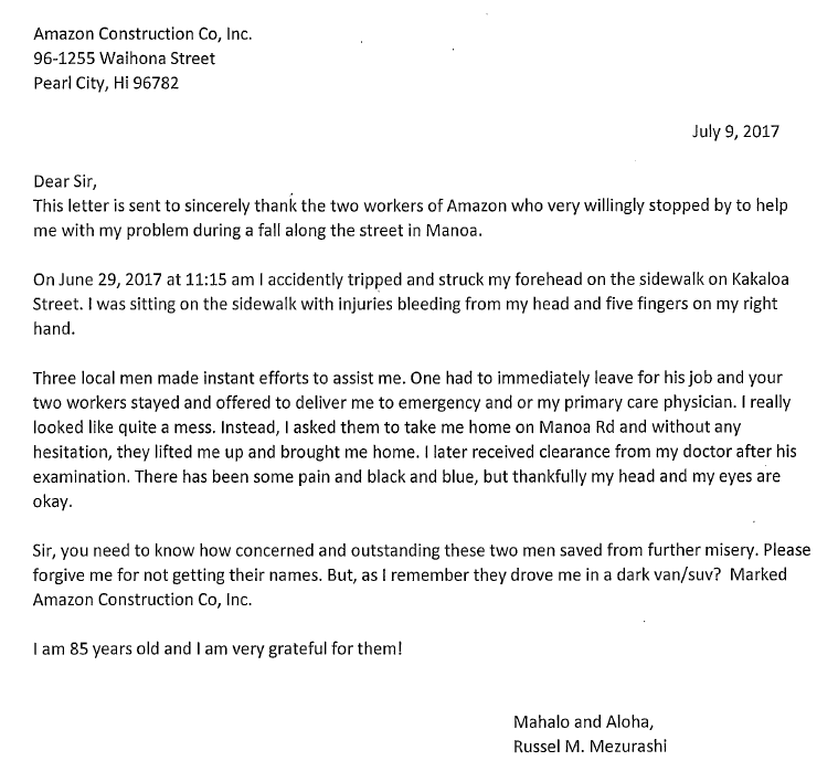 A thank you letter from a grateful senior citizen to Amazon Construction employees for assisting him after a fall.