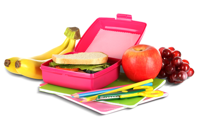 A pink lunch box filled with a sandwich, apple, banana, and grapes