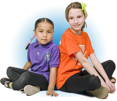 A girl wearing a purple shirt and a girl wearing an orange Boys & Girls Club of Lenawee shirt