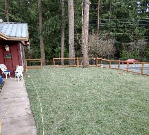 A grassy yard with a wooden fence, trees, and a red-sided building. Two white chairs sit on the porch.