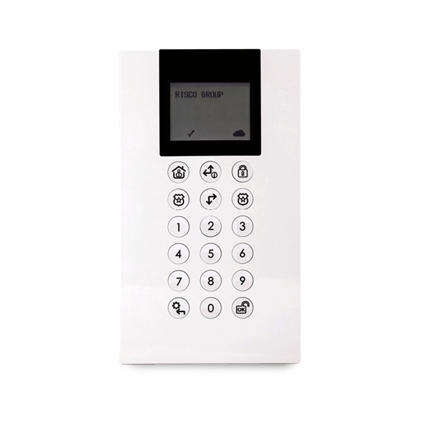 White security system keypad with a small screen and number buttons.