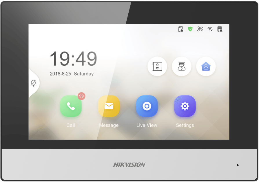 Hikvision intercom monitor displaying the time, date, and app icons.