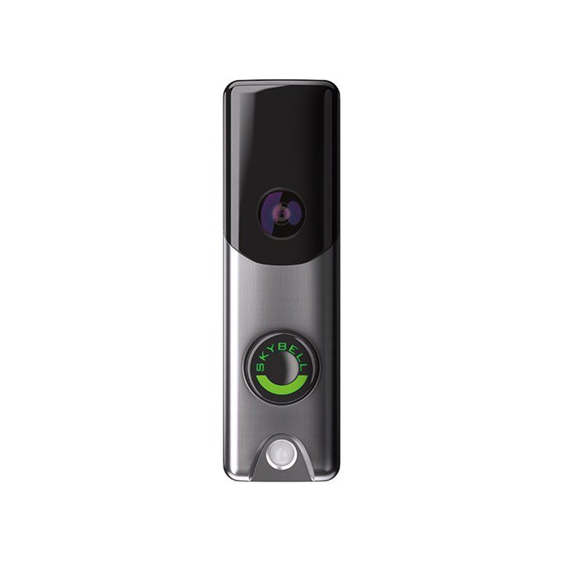 Silver and black SkyBell video doorbell.