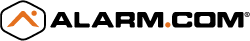 Alarm.com logo with a hexagonal border, an orange upward-pointing triangle with a dot inside, and the text