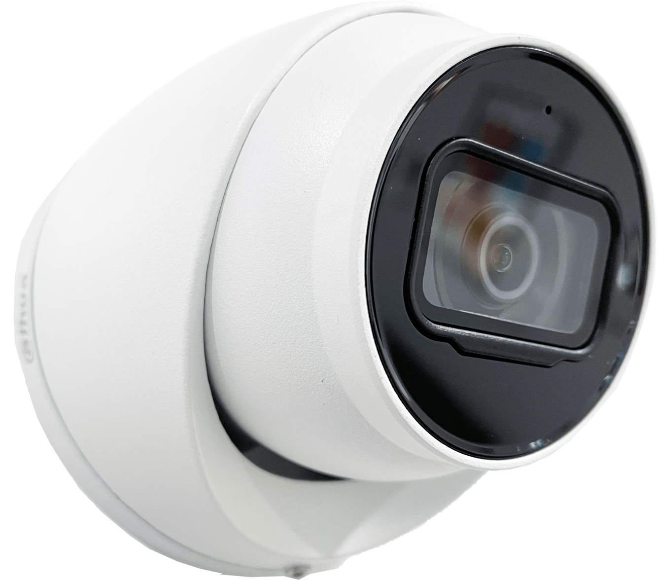 White dome security camera mounted on a wall, facing forward, with a dark lens and black details.