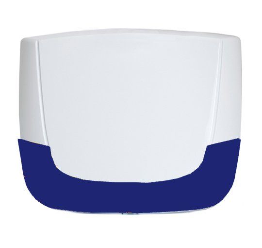 White and blue plastic device with a curved blue bottom.